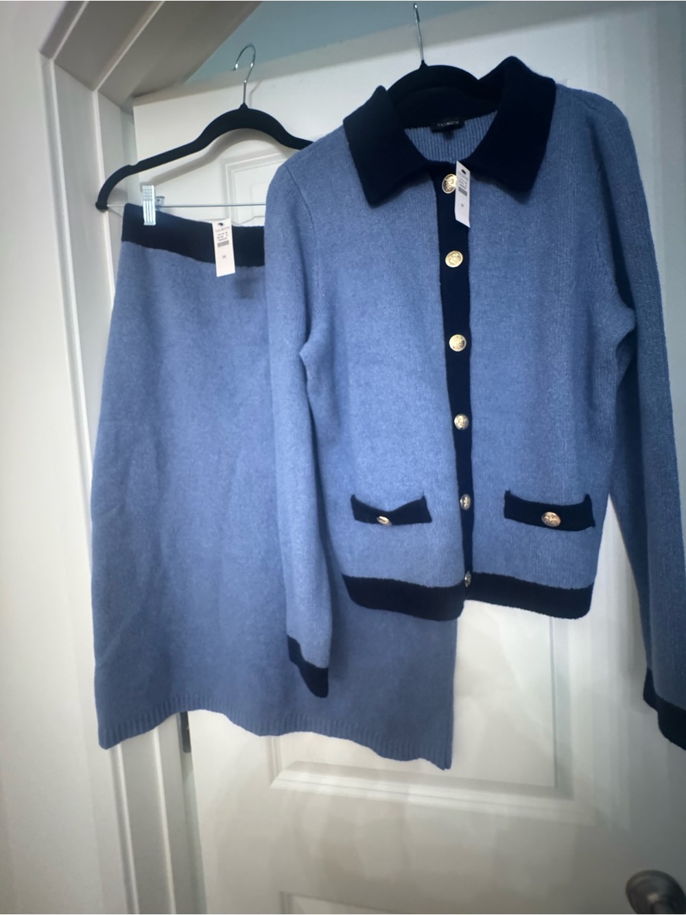 Talbots Periwinkle Knit Blazer and Skirt with Black Trim
